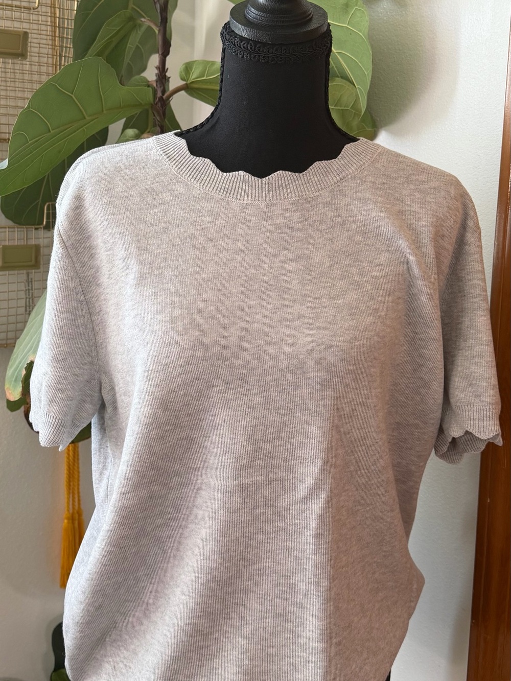 Scallop-Trim Short Sleeve Knit Tee in Light Gray